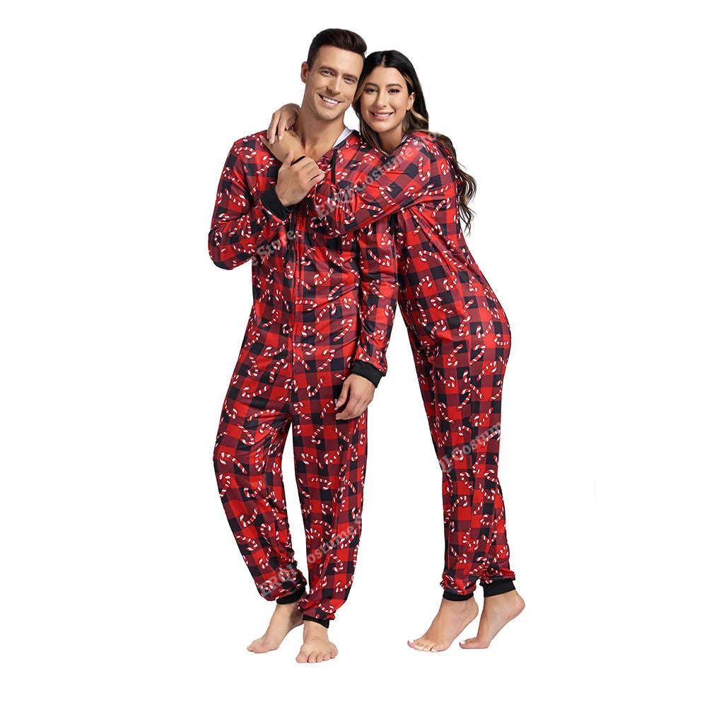 Adult Onesie Pajamas Christmas Matching Pajamas For Couples Black&Red Grid Pajamas Set Family One Piece Jumpsuit Hoodie Women