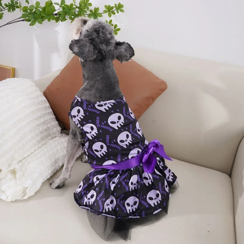 Halloween Dog Clothes with Pumpkin Print Funny Pet Dress Chihuahua Yorkie Clothing Bow Mesh Party Clothing Cat Costume Dog Dress