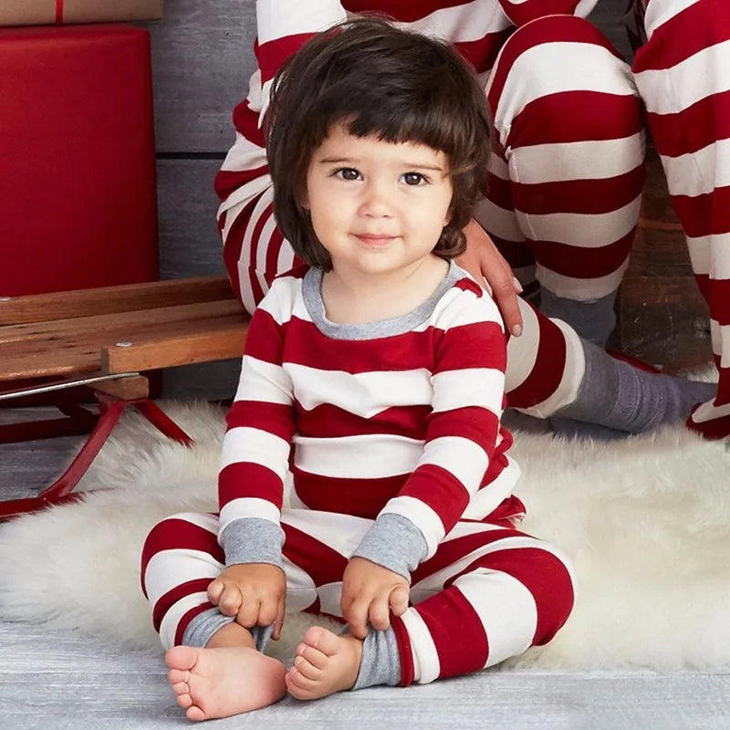 Christmas Family Matching Pajamas Set for Mom, Kids, and Baby – Cute Striped Sleepwear for Xmas