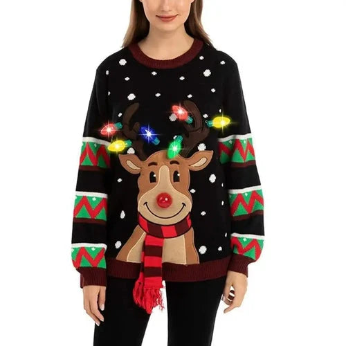 Women's LED Light-Up Christmas Sweater – Festive Reindeer Knit Holiday Pullover Top