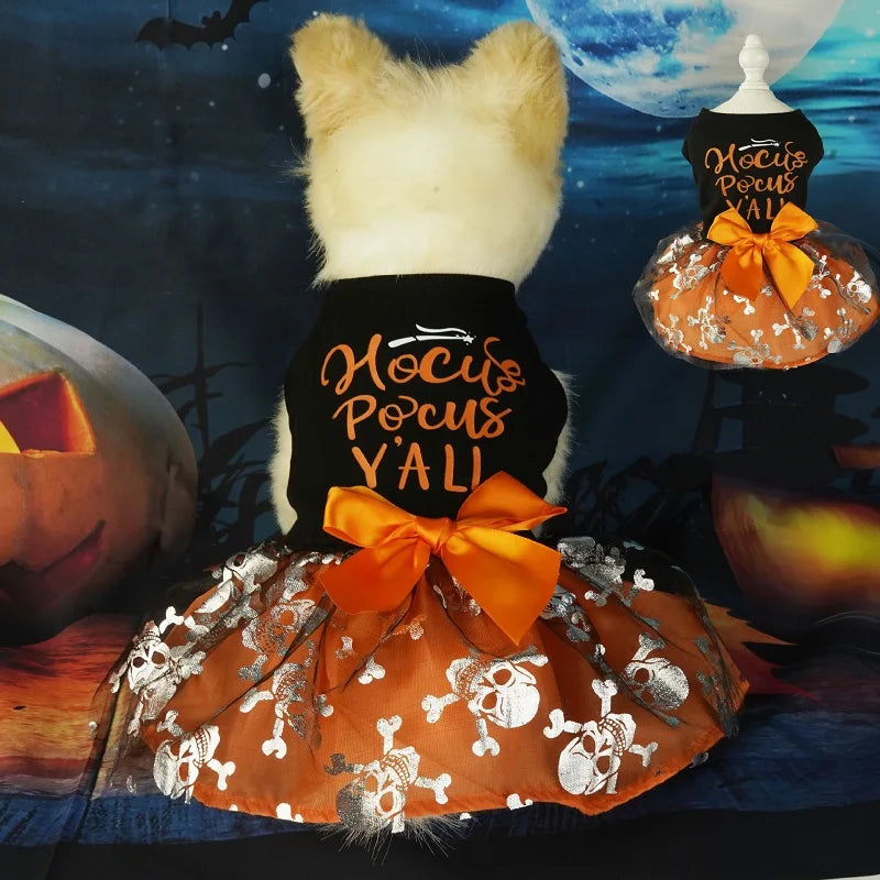 Halloween Dog Clothes with Pumpkin Print Funny Pet Dress Chihuahua Yorkie Clothing Bow Mesh Party Clothing Cat Costume Dog Dress