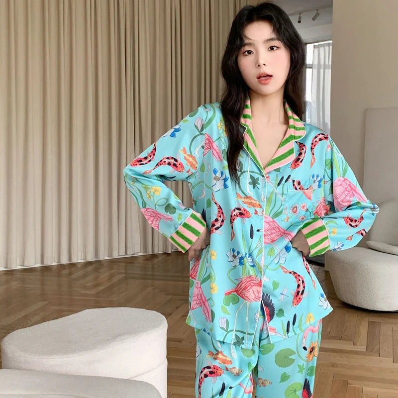 Spring Autumn New Ice Silk Soft Women's Pajamas Set Buttons Cardigan Womens 2 Piece Outfit Set Senior Printing Pajamas for Girls