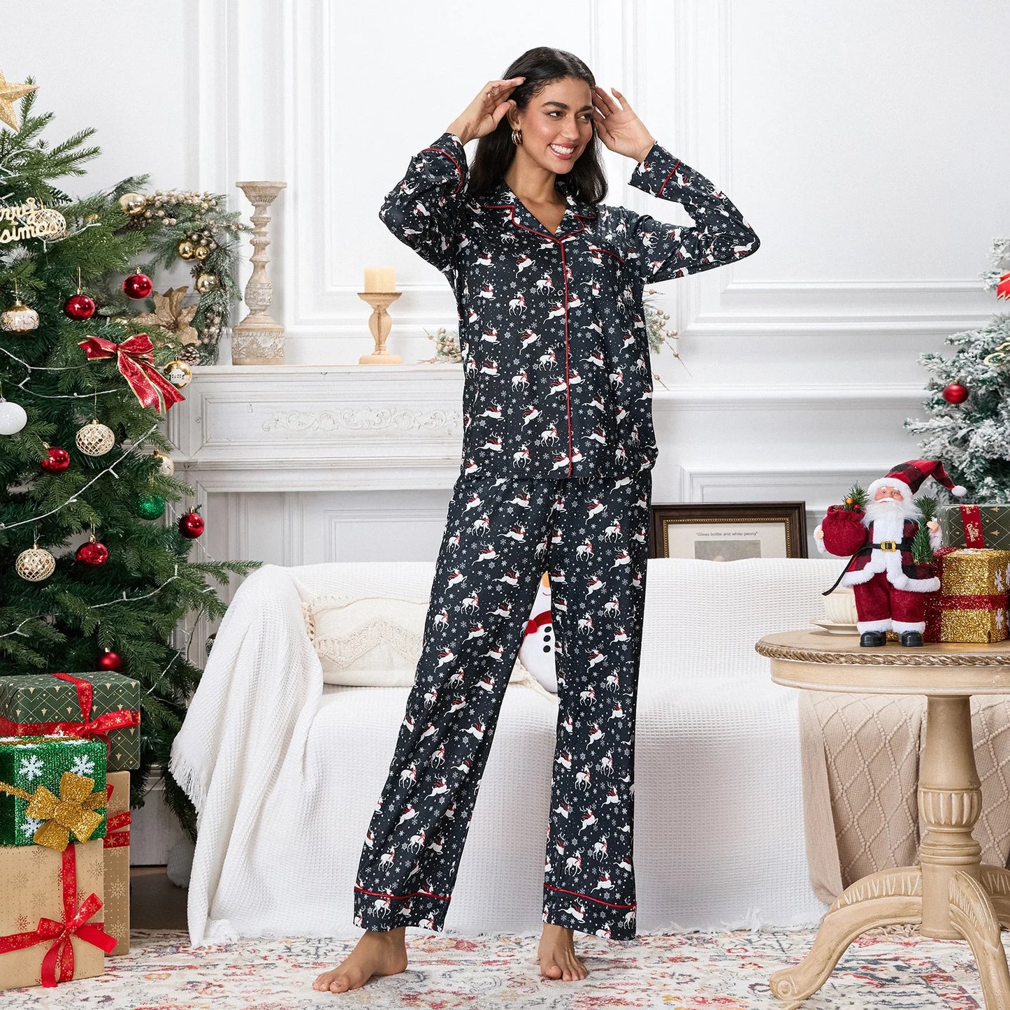 Women 2 Piece Pajamas Set Christmas Elk Print Long Sleeve Button Shirt and Elastic Waist Pants for Loungewear Soft Sleepwear