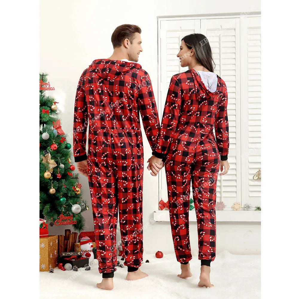 Adult Onesie Pajamas Christmas Matching Pajamas For Couples Black&Red Grid Pajamas Set Family One Piece Jumpsuit Hoodie Women