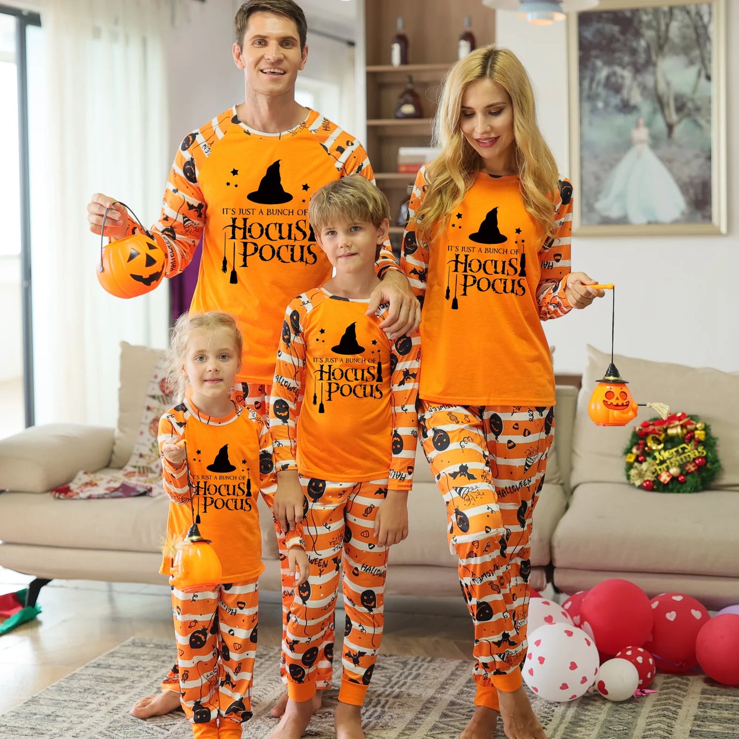 New Halloween Family Pajamas Fashion Orange Grimace Pattern  Family Matching Outfits Parent Mother Kids Festival Home Clothes