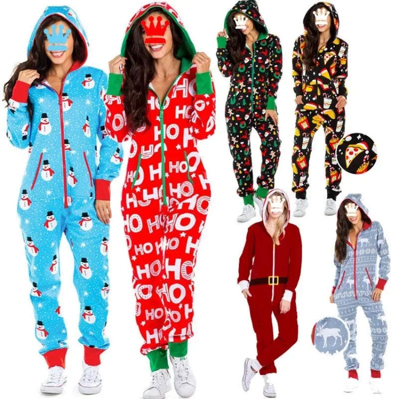 Christmas Printed Hooded Jumpsuit for Women 2023 Autumn Winter Couples New Striped Elk Zipper Pocket Pajamas Sleepwear