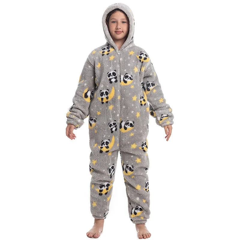 One Piece Hooded Stitch Pajamas Boys Girls Cartoon Sleepwear Unicorn Thick Fleece Onesies Warm Hoodie Pajamas Sets