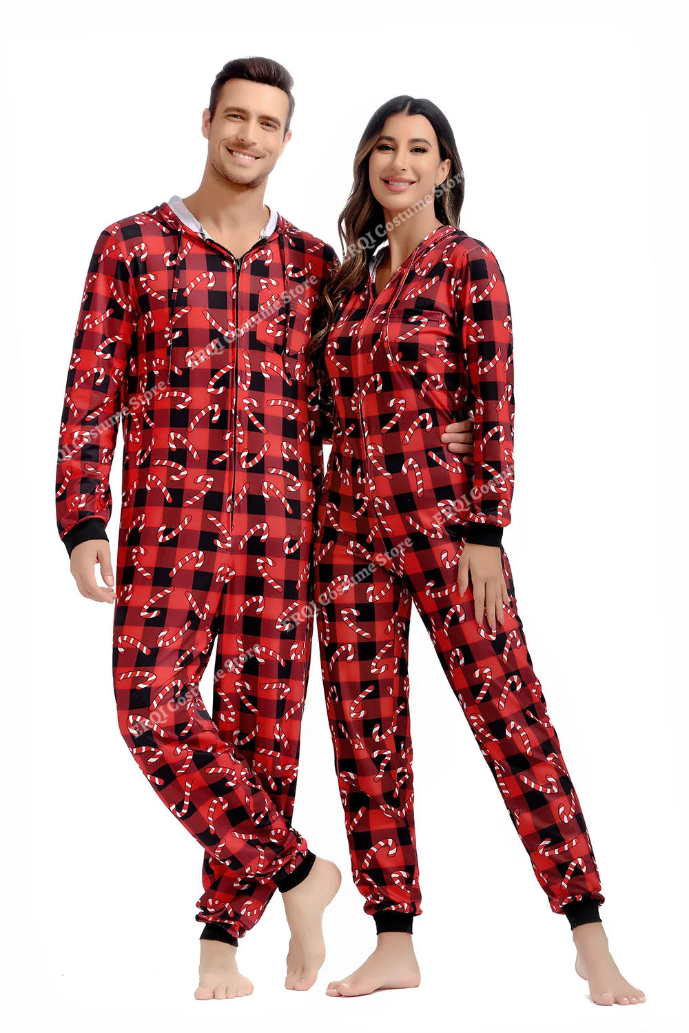 Adult Onesie Pajamas Christmas Matching Pajamas For Couples Black&Red Grid Pajamas Set Family One Piece Jumpsuit Hoodie Women