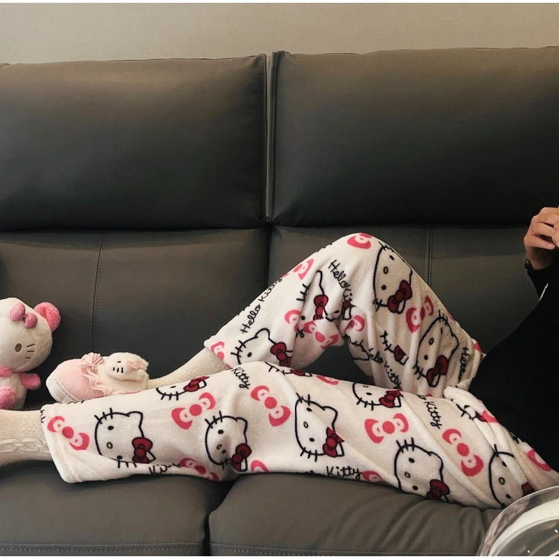 Sanrio Hello Kitty Pajamas Pants Black Pink Anime Flannel Women Warm Woolen White Cartoon Casual Home Pant Autumn Grils Trousers