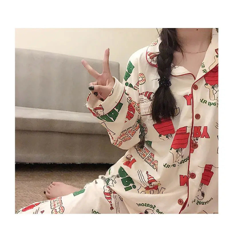 Ins Christmas Tree Snoopy Pajamas Cartoon Soft Female Cardigan Couple Long Sleeved Trousers Anime Home Service Suit Girls Gifts