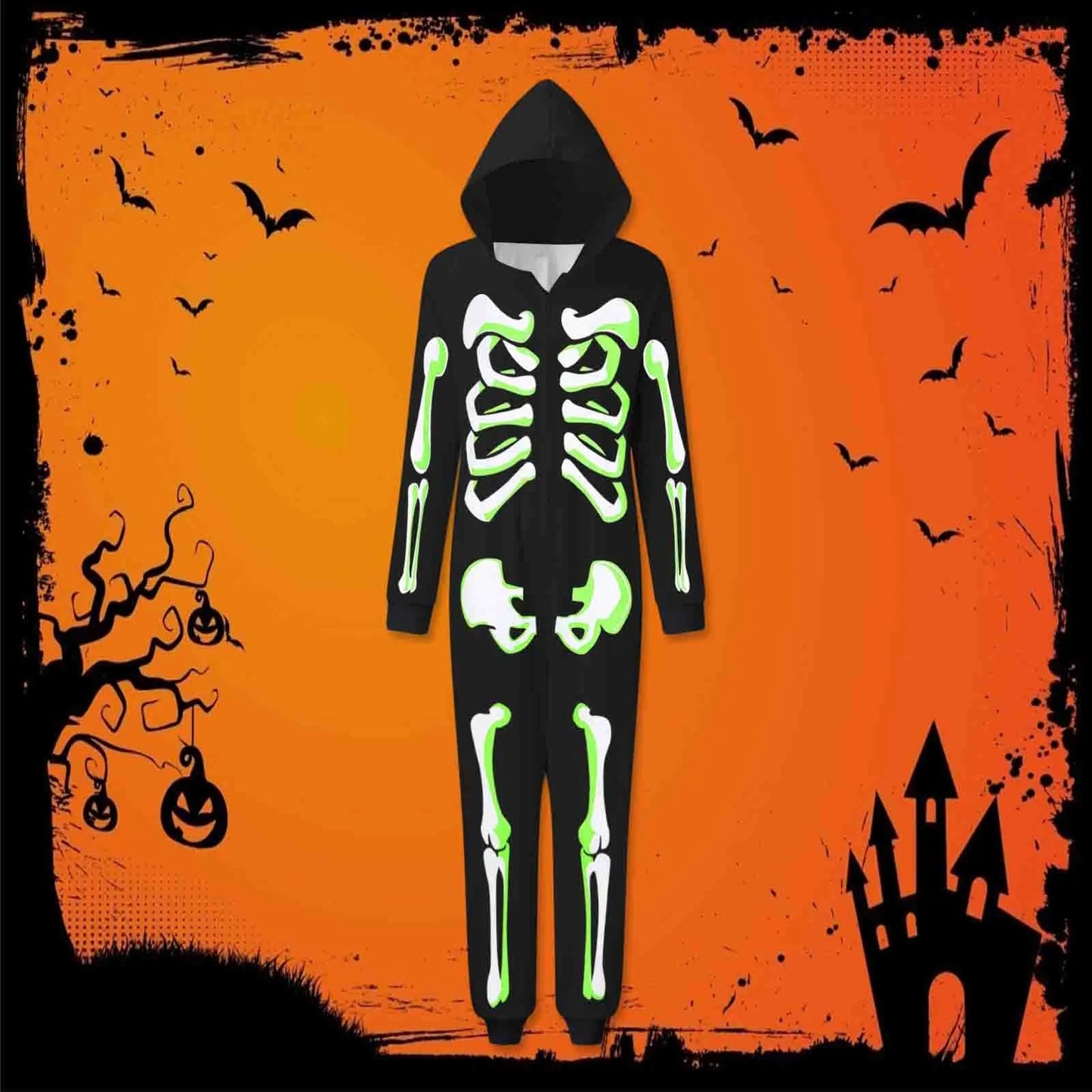 Halloween Parent-Child Skeleton Print Jumpsuit with Zipper Hood