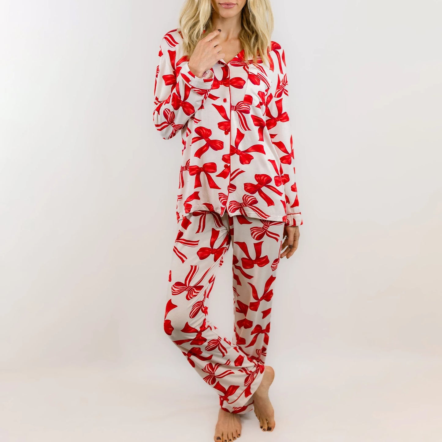 Women Autumn 2 Piece Pajama Set Fashion Long Sleeve Button Shirt and Elastic Pants for Loungewear Soft Sleepwear for Nightwear