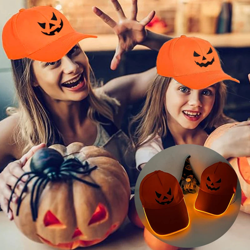 LED glowing pumpkin baseball hat suitable for Halloween and party decor, showcasing three lighting modes