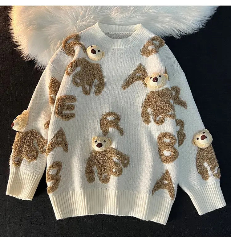 3D Bear Head Pendant Fleece Embroidery Oversized Sweaters Men Women Hip Hop Streetwear Winter Knitted Tops Korean Kawaii Clothes