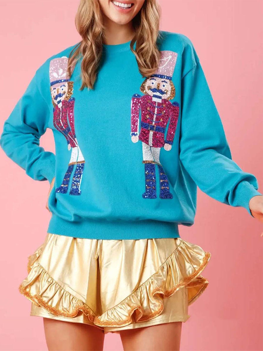 Women's Ugly Christmas Sequin Nutcracker Sweatshirt Cute Holiday Graphic Tee Crewneck Long Sleeve Pullover Sweater Top