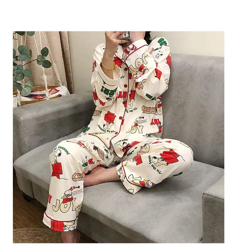 Ins Christmas Tree Snoopy Pajamas Cartoon Soft Female Cardigan Couple Long Sleeved Trousers Anime Home Service Suit Girls Gifts