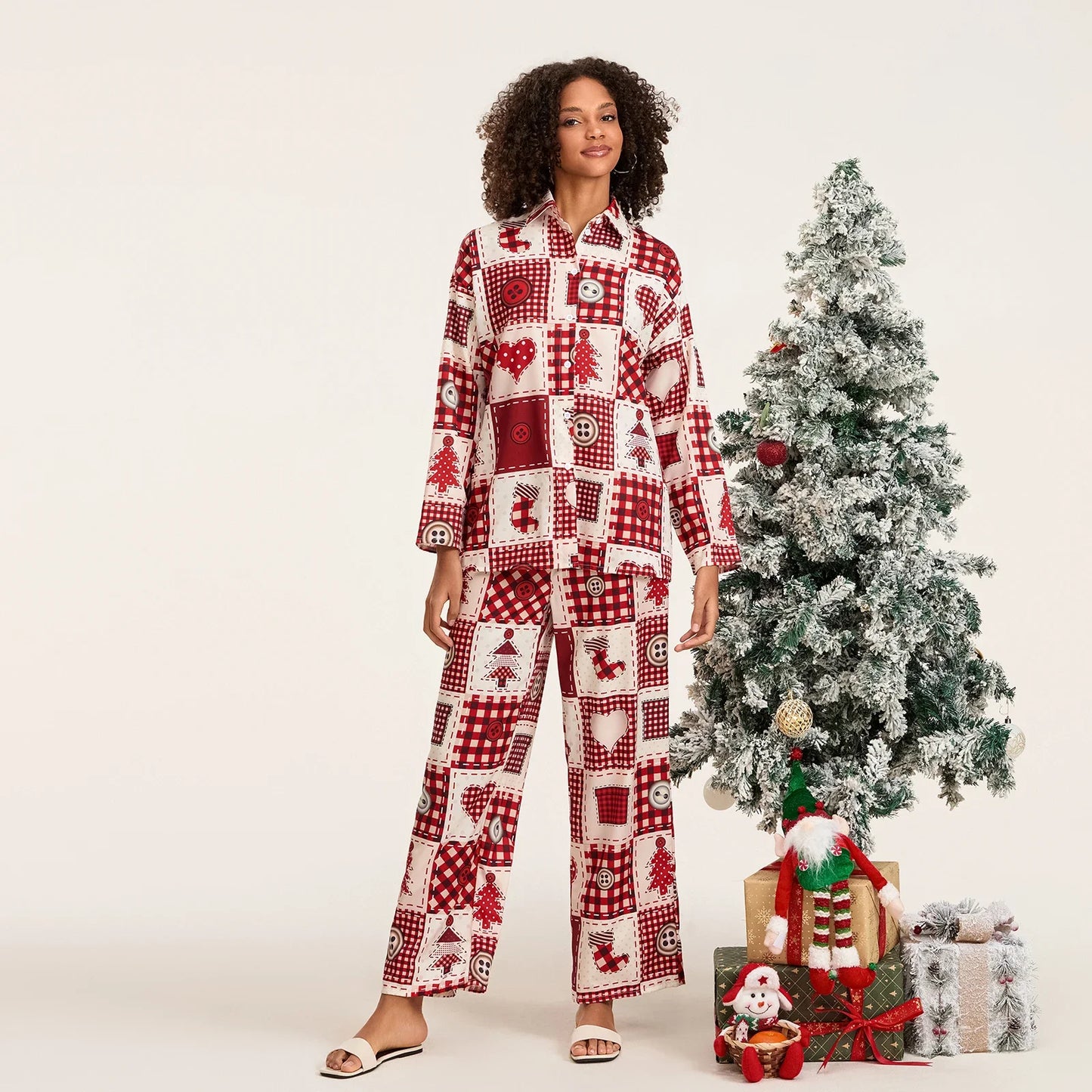 Women Christmas Pajama Set 2 Pieces Snow/Tree Print Long Sleeve T-shirt with Elastic Waist Pants Outfits Sleepwear Loungewear