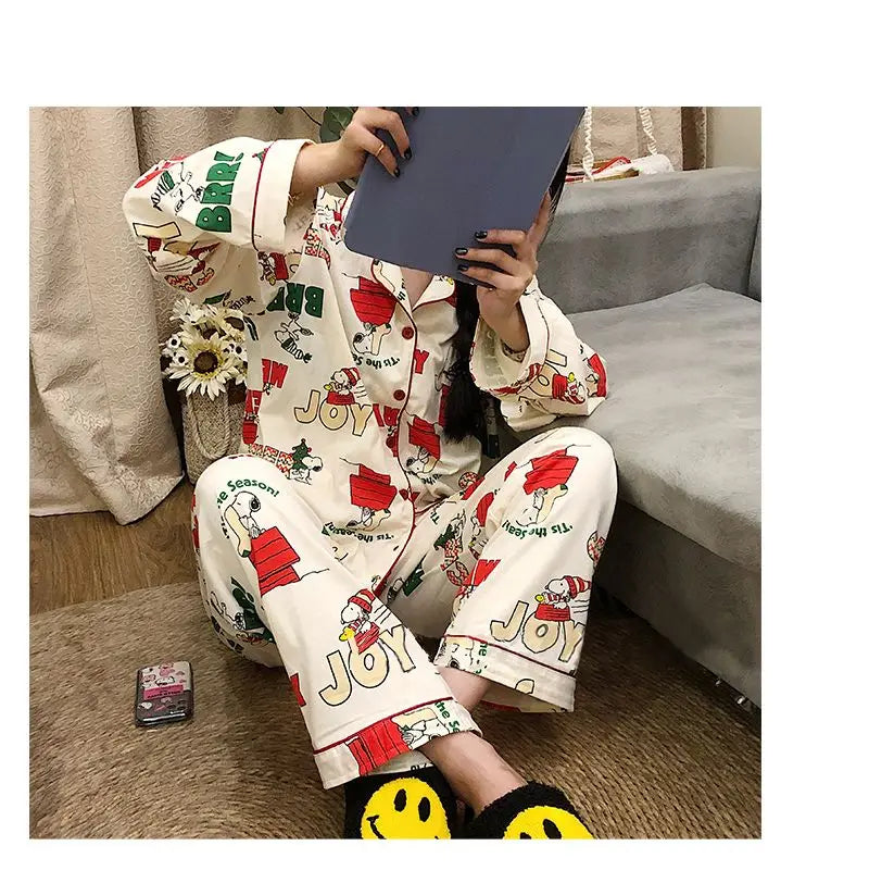 Ins Christmas Tree Snoopy Pajamas Cartoon Soft Female Cardigan Couple Long Sleeved Trousers Anime Home Service Suit Girls Gifts