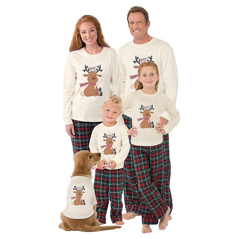 Family Christmas Pajamas Matching Set, Elk Print Long-Sleeve Tops with Plaid Pants Sleepwear Set for Adult, Kid, Baby, Dog