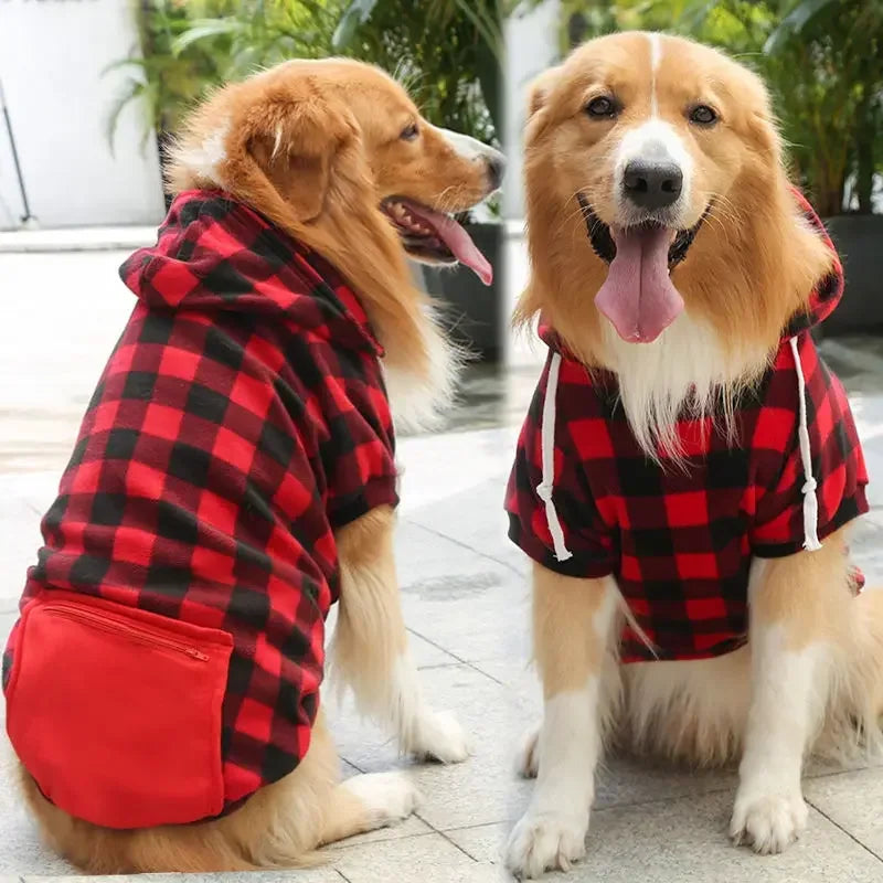 Plaid Big Dog Hoodie Sweatshirt Warm Fleece Pet Clothes Sweaters with Hat and Pocket Sport Dog Clothing Large Dog Coat & Jacket