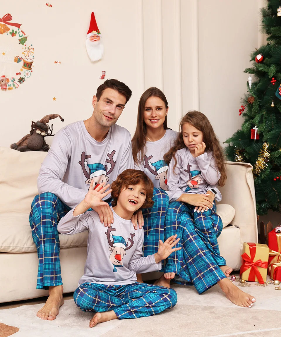 Xmas Pajamas Outfits Family Matching 2024 New Year Elk Plaid Printed 2PCS Pyjamas Pants Print Adult Kids Baby Christmas Clothing