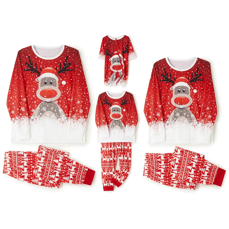 Matching Family Christmas Pajamas Outfit Long Sleeve Deer Snowflake Print Pullover Pants Set for Adult Kids