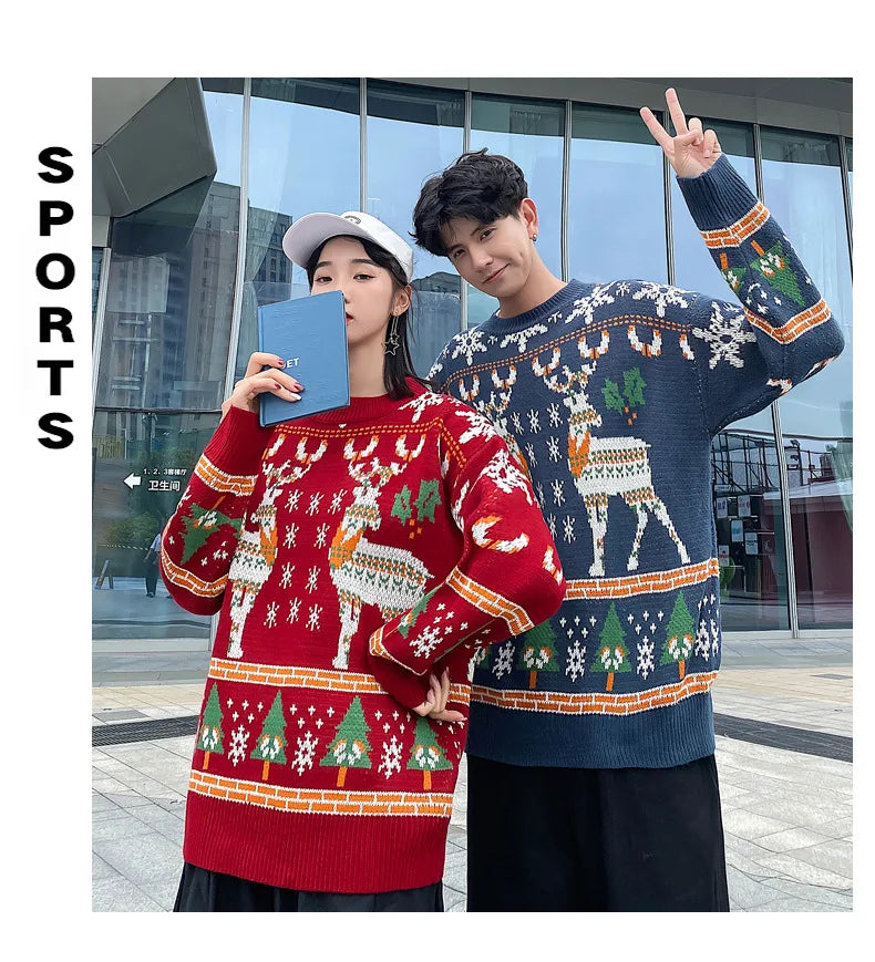 Korean Style Christmas Elk Sweater – Casual Crew Neck Long Sleeve Pullover