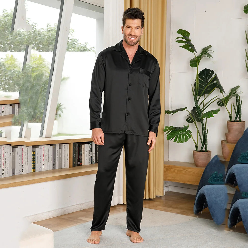 Black Pajamas Suit Men Satin Home Clothes Long Sleeve Shirt&pants 2Pcs Nightwear Casual Outfit Solid Sleepwear Man Loungewear