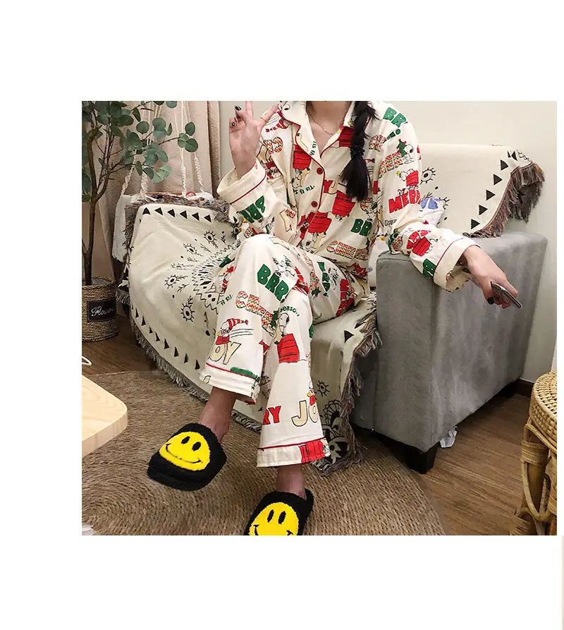 Ins Christmas Tree Snoopy Pajamas Cartoon Soft Female Cardigan Couple Long Sleeved Trousers Anime Home Service Suit Girls Gifts