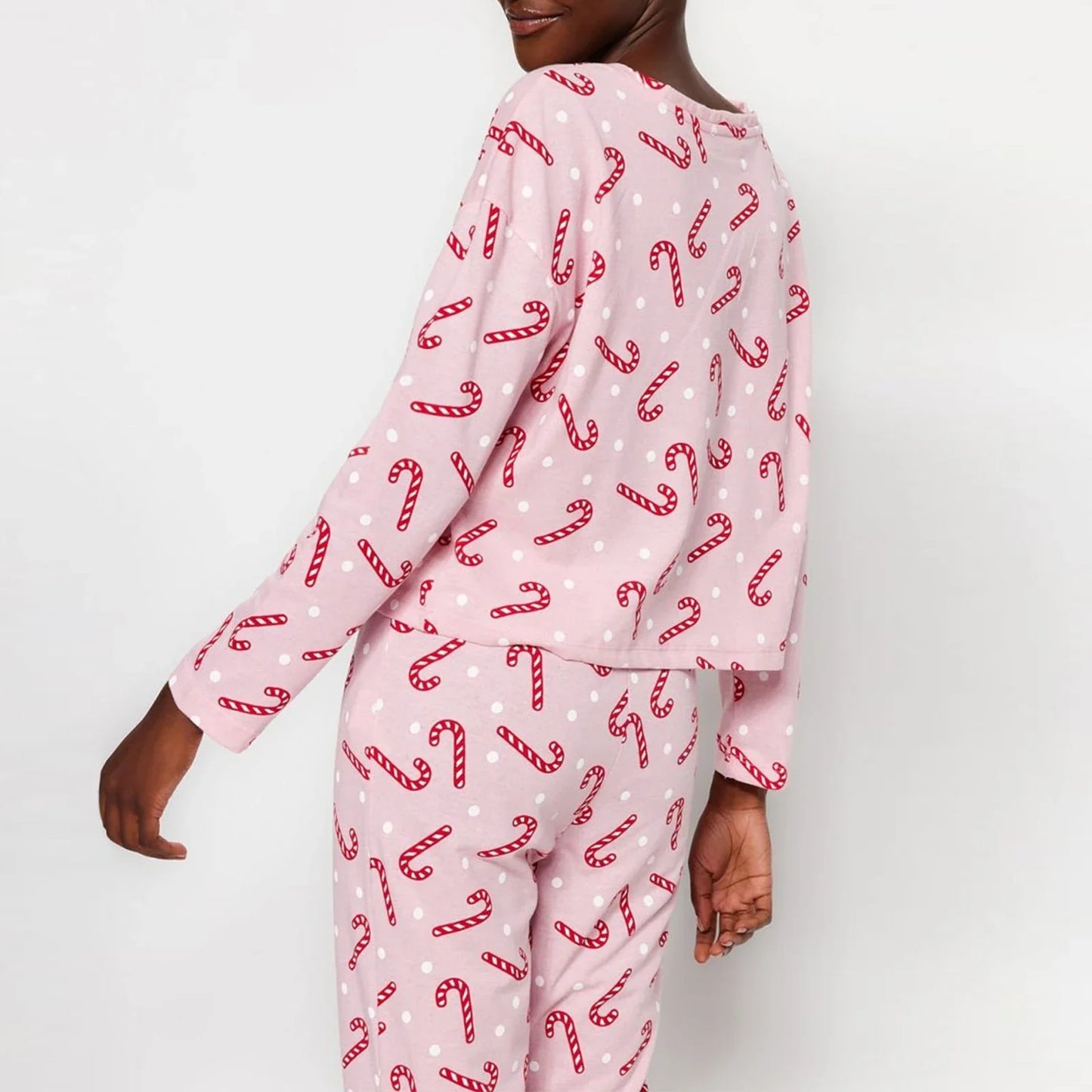 Women Christmas Pajamas Set Candy Cane/Elk Print Long Sleeves Shirt and Elastic Pants Loungewear Soft Sleepwear