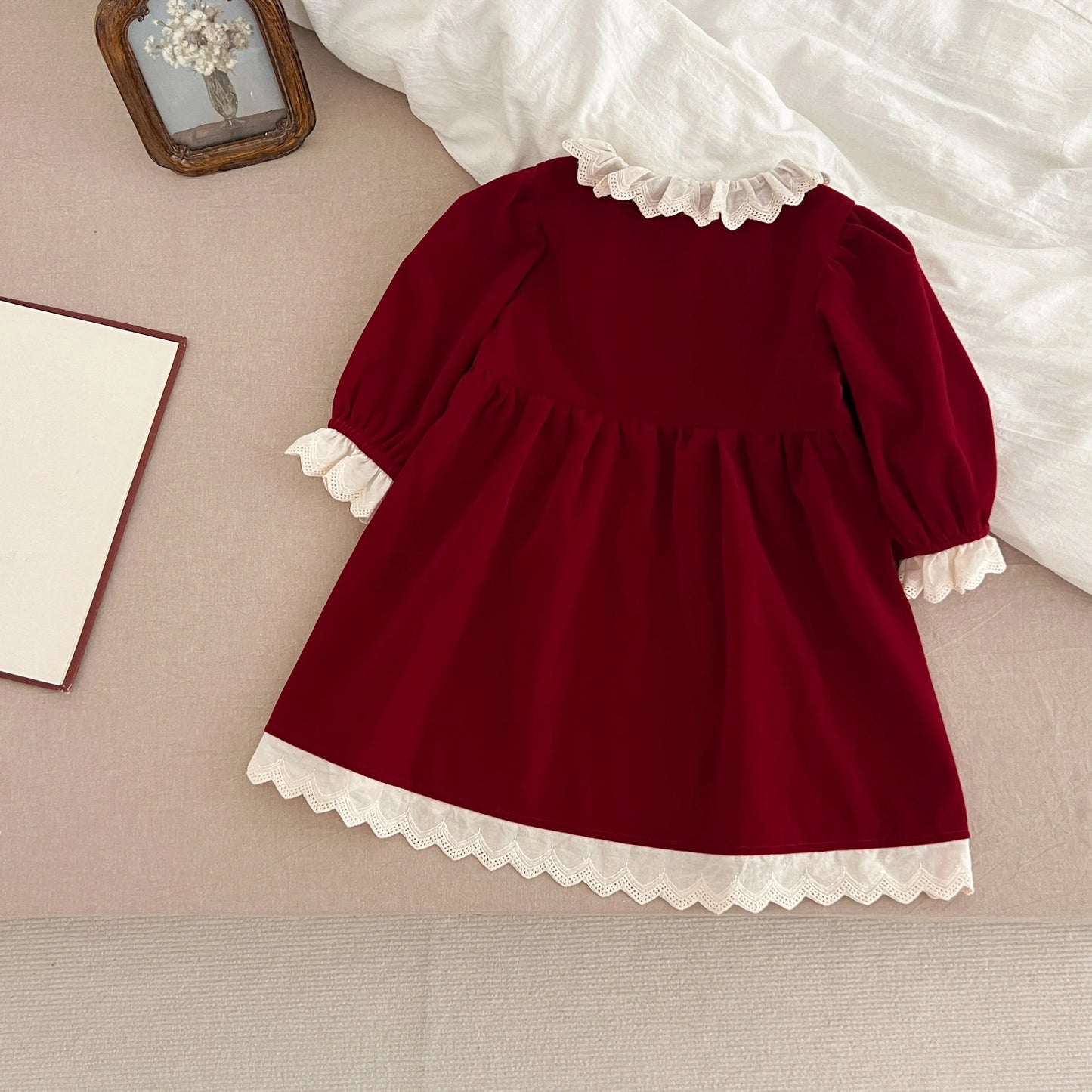 Fashion Christmas Party Dress Baby Girl Lace Princess Ruffle Satin Finish Dress Christmas Holiday Autumn Winter Wear Kids Girl