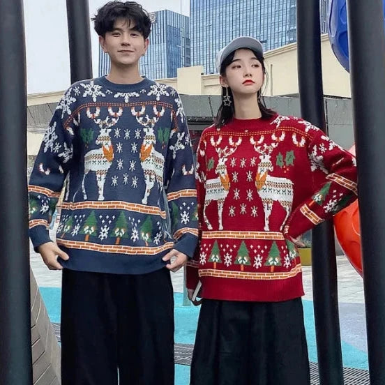 Korean Style Christmas Elk Sweater – Casual Crew Neck Long Sleeve Pullover