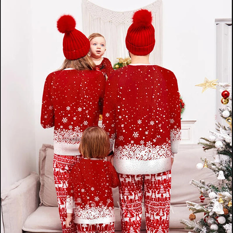 Matching Family Christmas Pajamas Outfit Long Sleeve Deer Snowflake Print Pullover Pants Set for Adult Kids