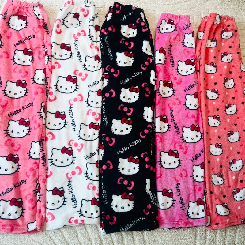 Sanrio Hello Kitty Pajamas Pants Black Pink Anime Flannel Women Warm Woolen White Cartoon Casual Home Pant Autumn Grils Trousers