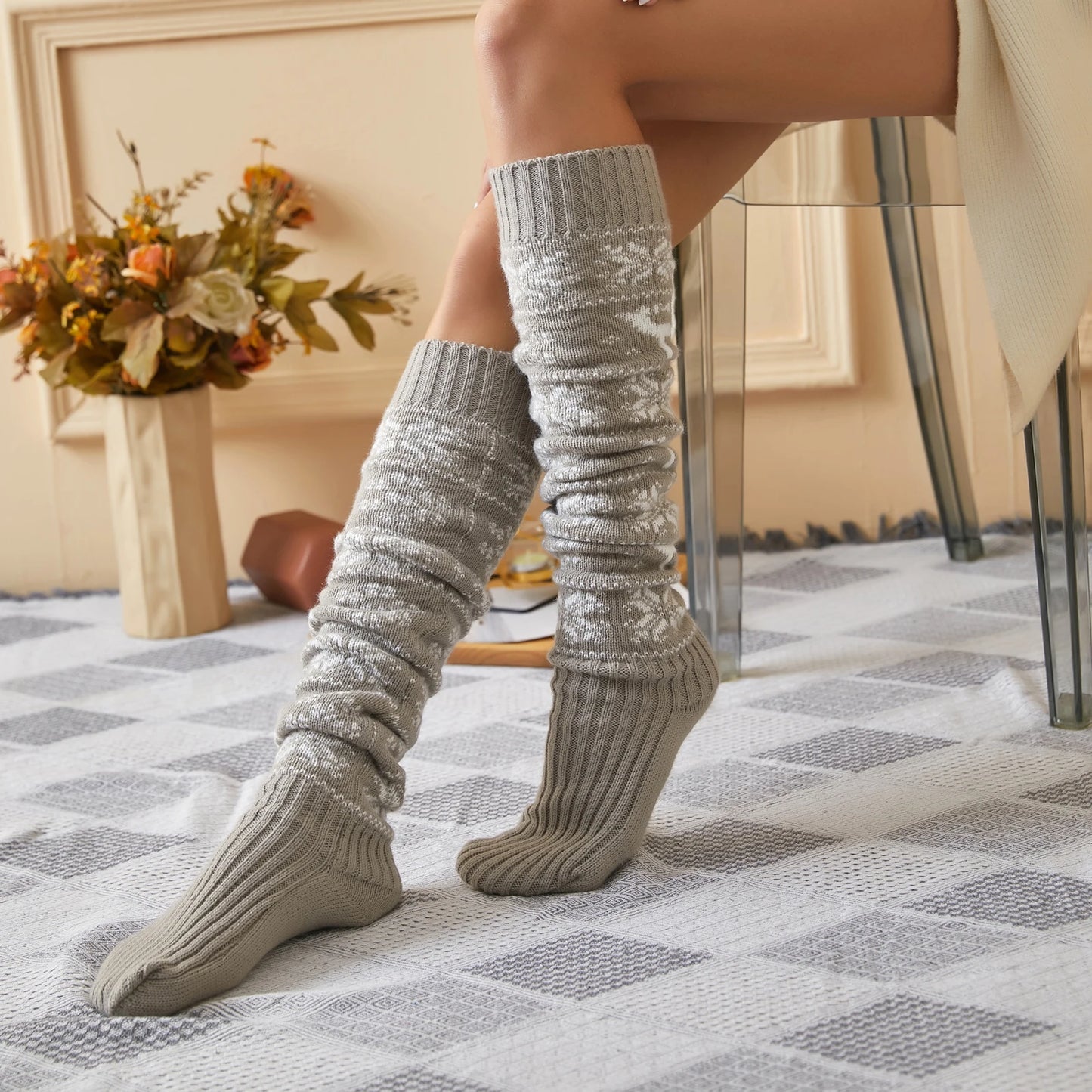 Christmas Women's Socks Thigh High Socks Snowflake Print Knit Over The Knee Stockings Female Warm Socks Hosiery Autumn Winter