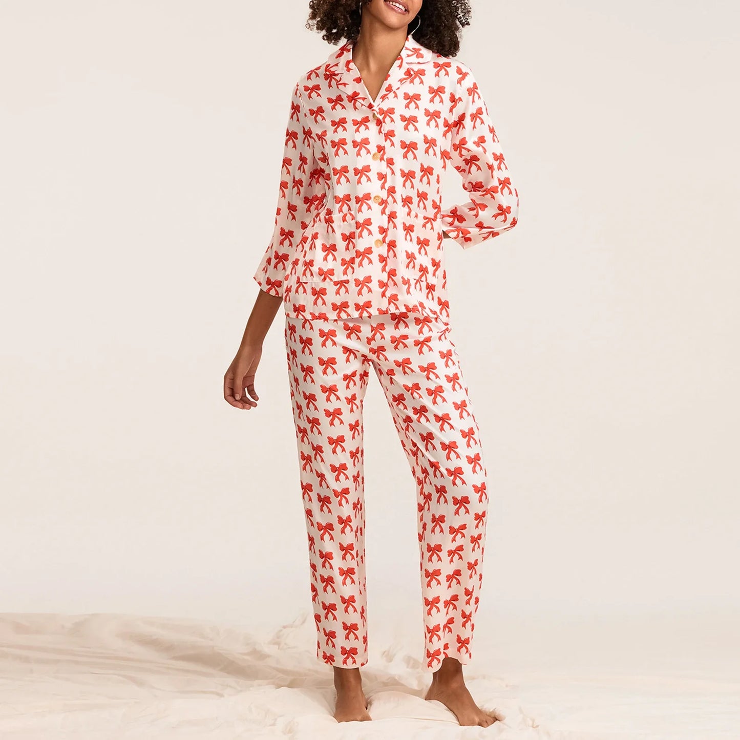 Women 2 Piece Pajamas Set Bow Print Button up Long Sleeve Shirt Pants Clothes Loungewear Soft Sleepwear