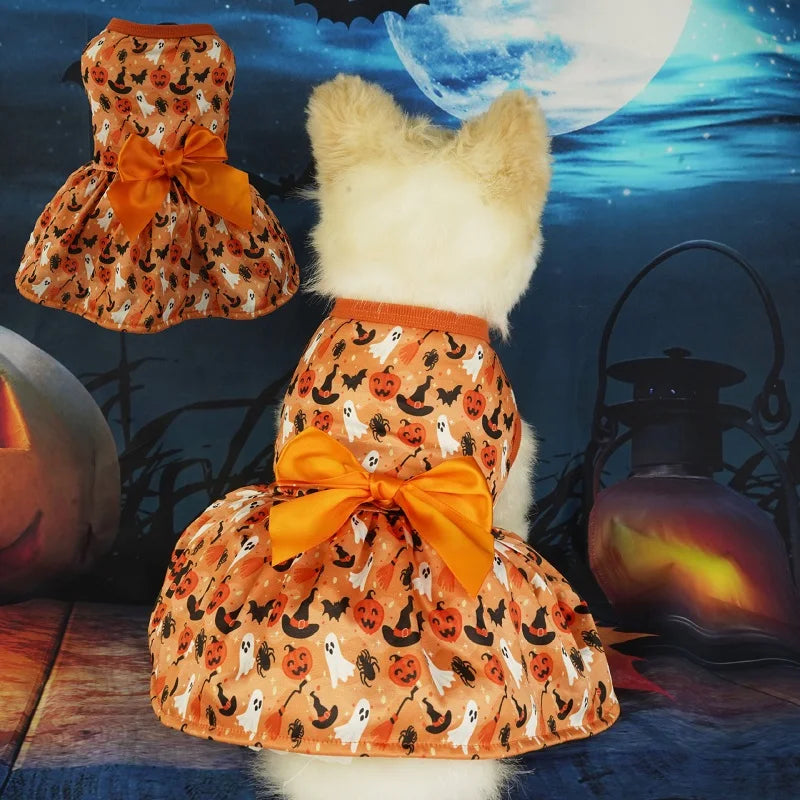 Halloween Dog Clothes with Pumpkin Print Funny Pet Dress Chihuahua Yorkie Clothing Bow Mesh Party Clothing Cat Costume Dog Dress