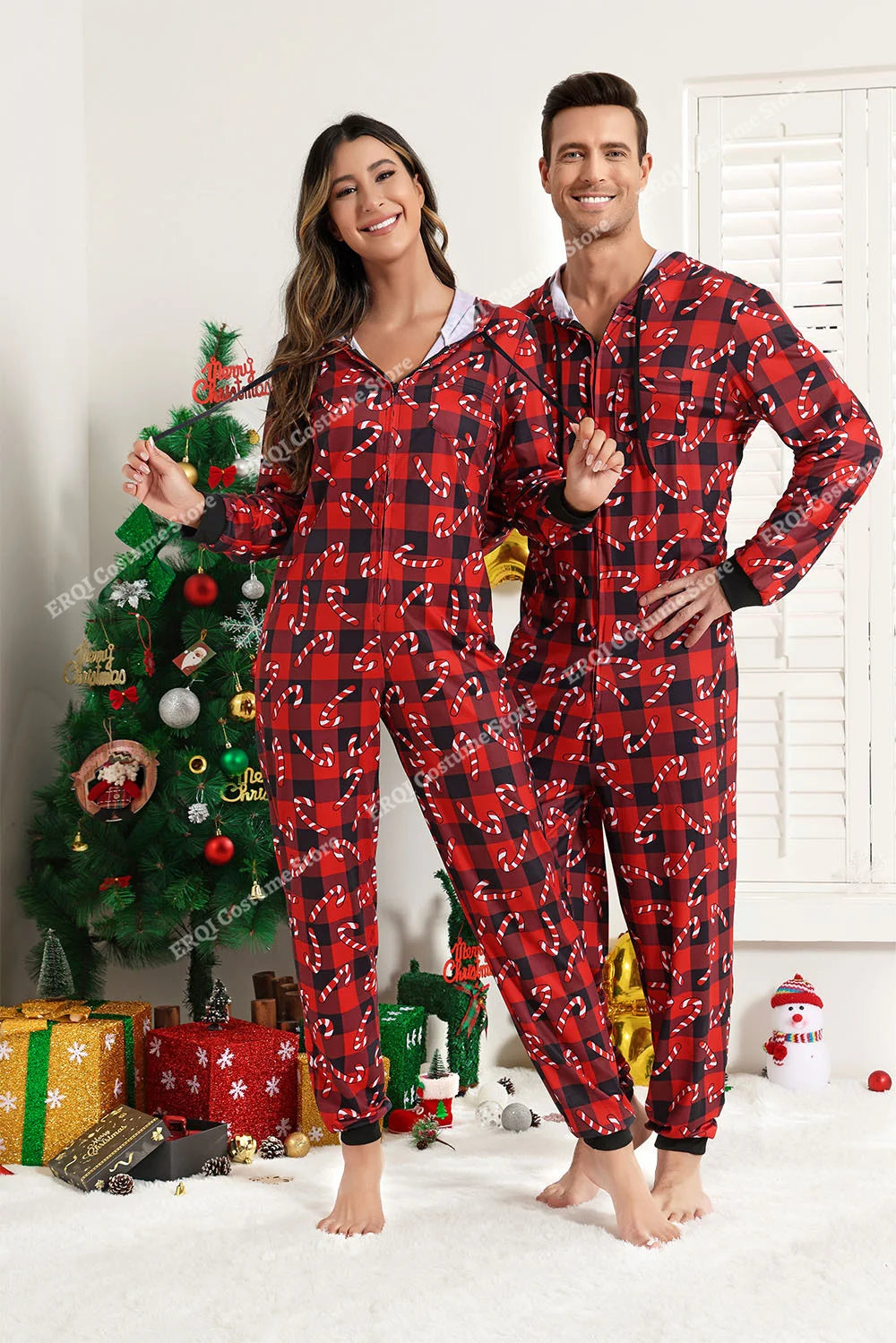 Adult Onesie Pajamas Christmas Matching Pajamas For Couples Black&Red Grid Pajamas Set Family One Piece Jumpsuit Hoodie Women