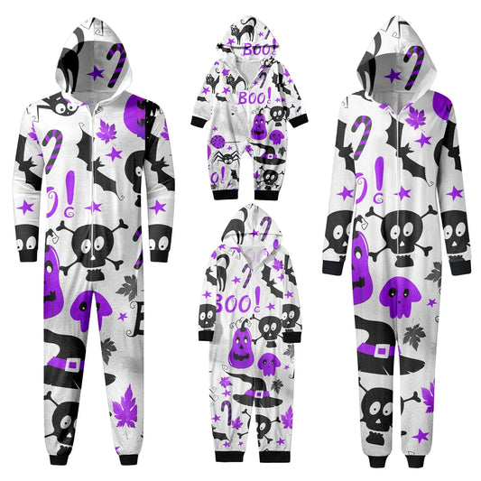 Halloween Family Matching Skull Print Pajamas, Hooded Zipper Jumpsuit, Perfect for Family Gatherings and Festive Events