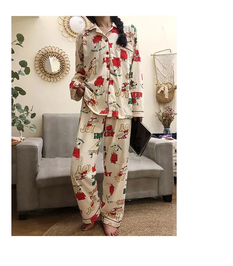 Ins Christmas Tree Snoopy Pajamas Cartoon Soft Female Cardigan Couple Long Sleeved Trousers Anime Home Service Suit Girls Gifts