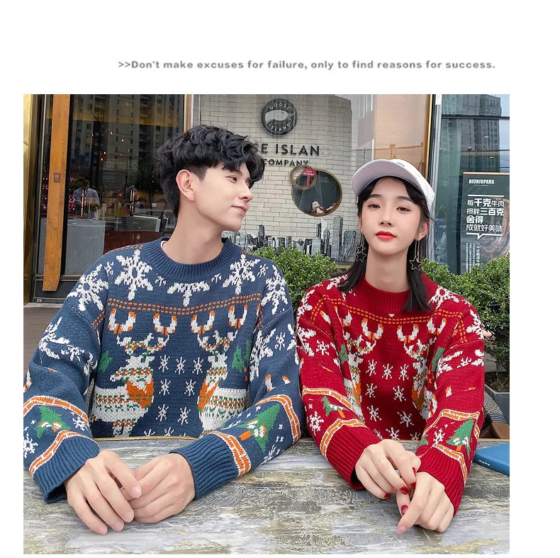 Korean Style Christmas Elk Sweater – Casual Crew Neck Long Sleeve Pullover