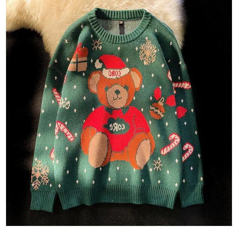 Kawaii Vintage Bear Christmas Sweater – Loose Fit Red & Green for Couples