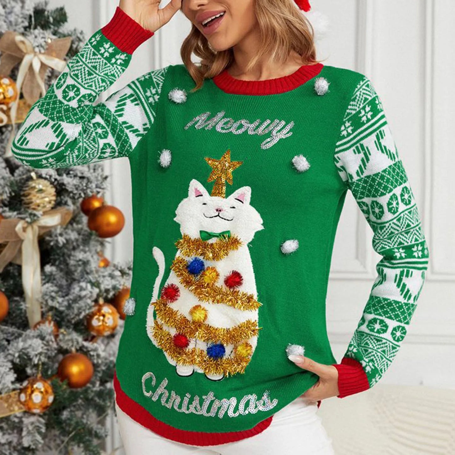 2024 Christmas Cartoon Cat Print Women’s Ugly Sweater – Cozy O-Neck Pullover for Autumn & Winter