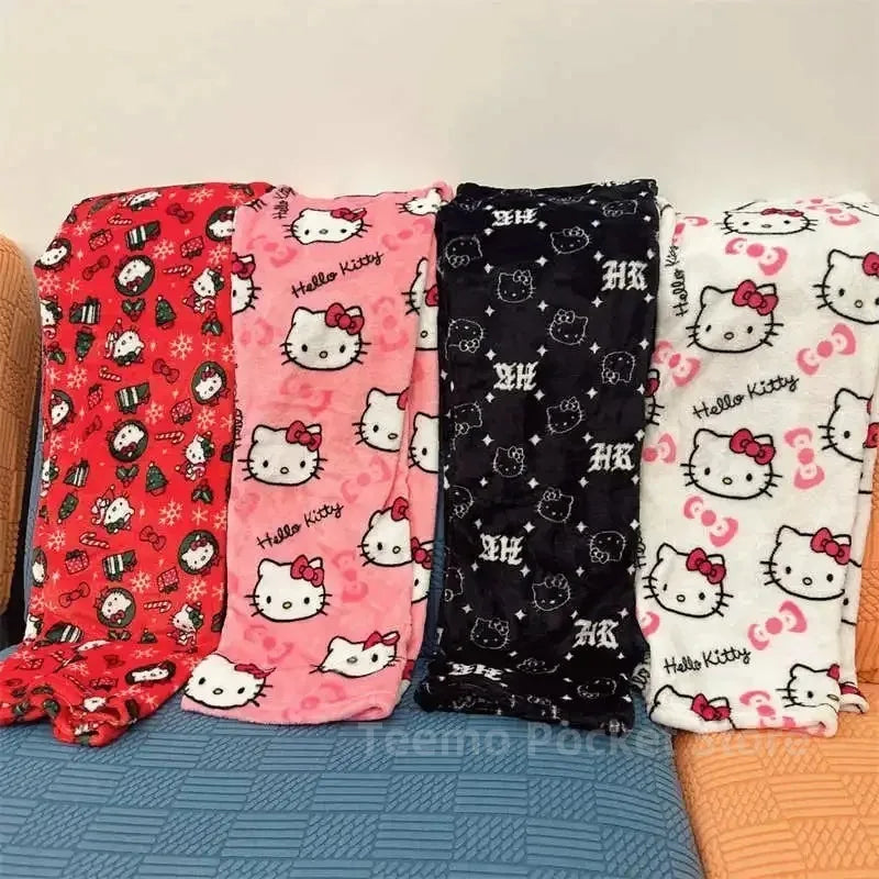 Sanrio Halloween  Pajama Pants  Anime Figure Hello Kitty  Fleece Double Elastic Fabric Soft Women Trousers Christmas Gifts