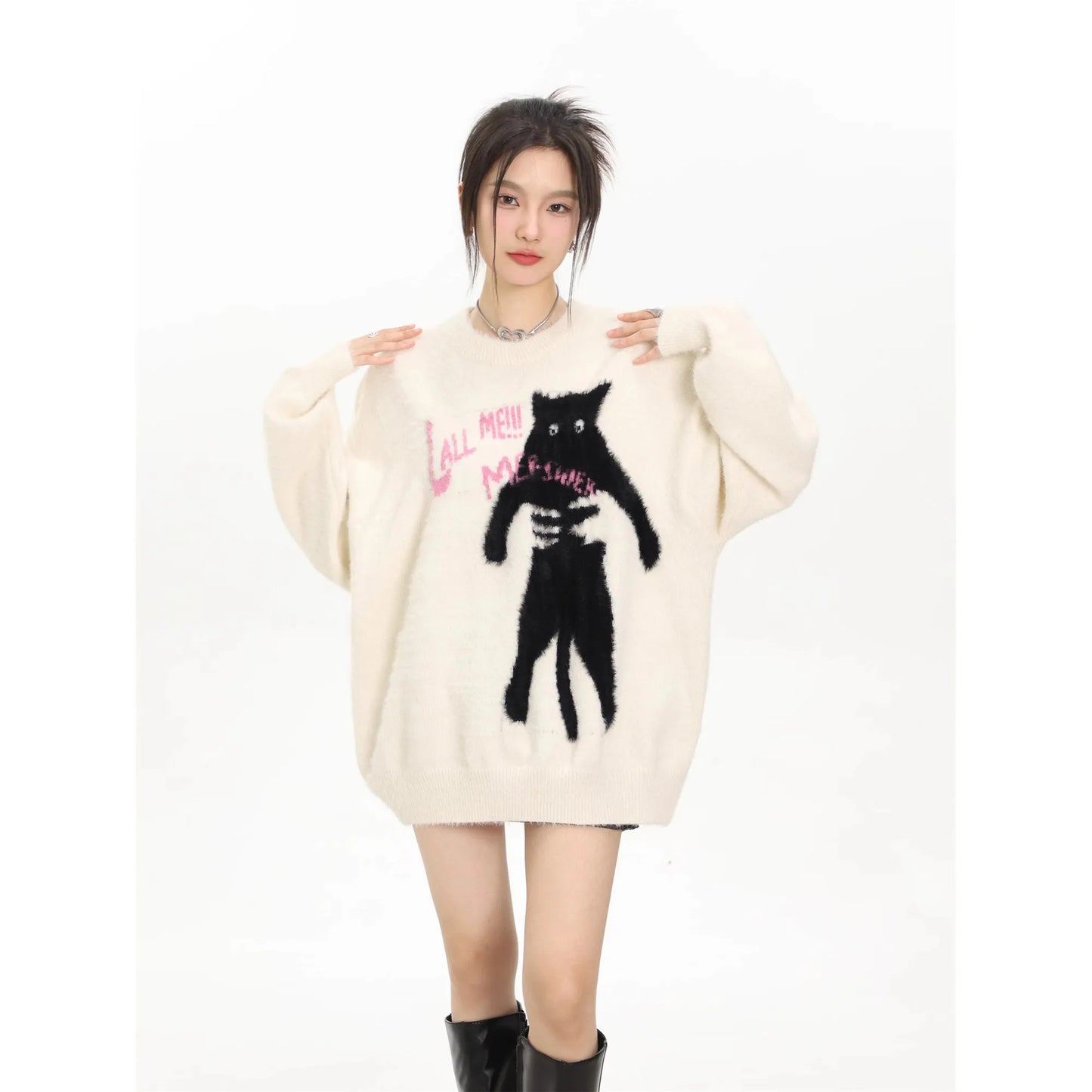 Funny Y2K Black Cat Cartoon Sweater – Loose Fit O-Neck Pullover for Couples|White