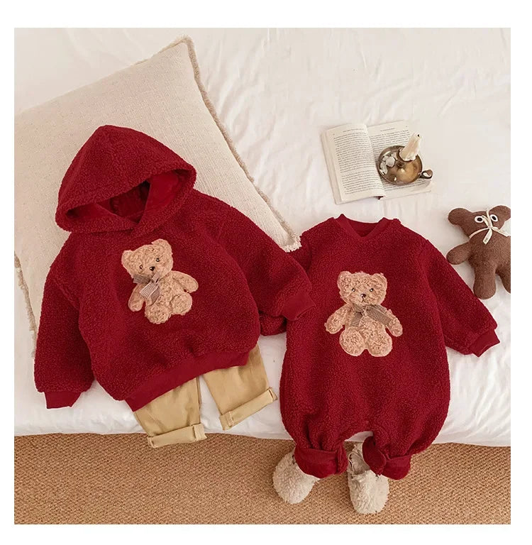 Mom Dad and Children's Winter Red Hoodies for Whole Family Bear Clothes Christmas Mother Father Daughter Son Hooded Sweatshirts