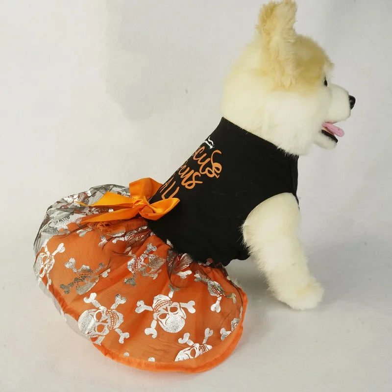 Halloween Dog Clothes with Pumpkin Print Funny Pet Dress Chihuahua Yorkie Clothing Bow Mesh Party Clothing Cat Costume Dog Dress