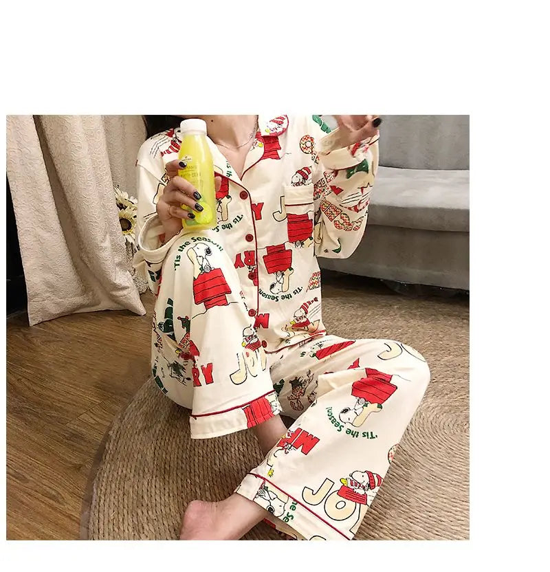 Ins Christmas Tree Snoopy Pajamas Cartoon Soft Female Cardigan Couple Long Sleeved Trousers Anime Home Service Suit Girls Gifts