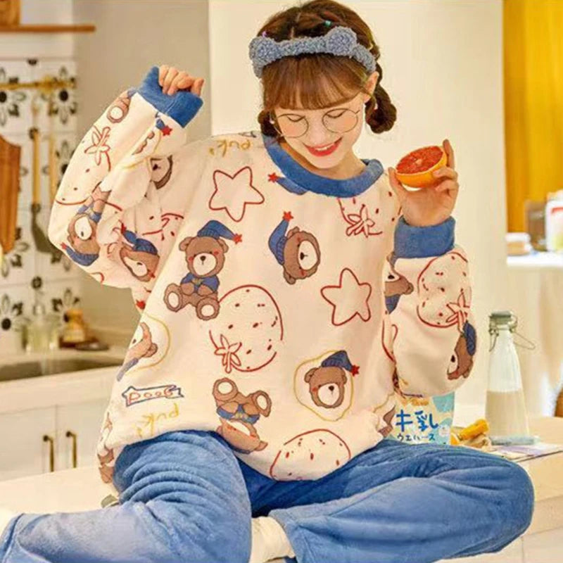 Winter Pajamas Set for Women Pullover Cute Soft Girl/kids flannel Pyjamas Set Warm Long-sleeved Trousers пижама женская комплект