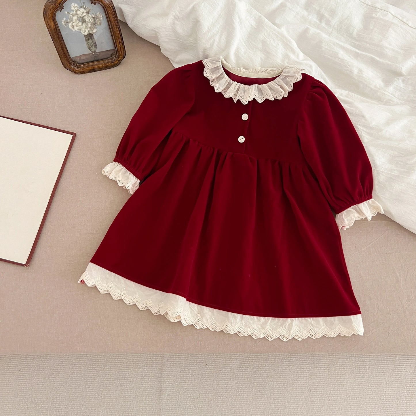 Fashion Christmas Party Dress Baby Girl Lace Princess Ruffle Satin Finish Dress Christmas Holiday Autumn Winter Wear Kids Girl